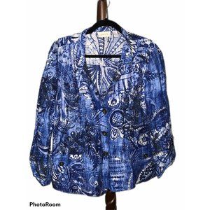 Chico's Women's 2 Blue Button Front Collared Long Sleeve Jacket Blazer EUC